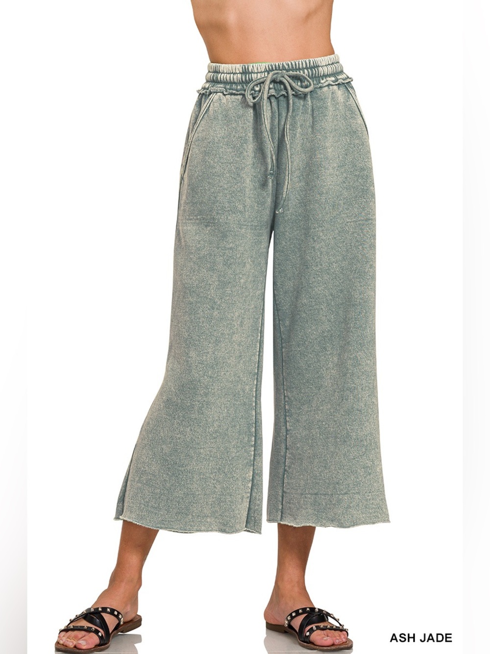 Zenana Outfitters Washed Ash Jade Cropped Wide-Leg Drawstring Pants